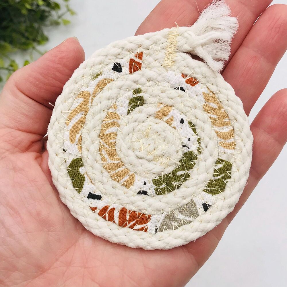 Rope Car Coasters Boho One Set of 2 Cotton Fabric Beige Neutral Monstera